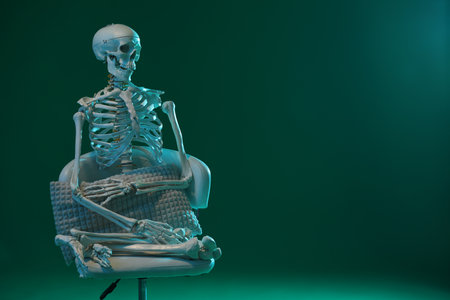 Artificial human skeleton model sitting on chair against green background, space for textの写真素材