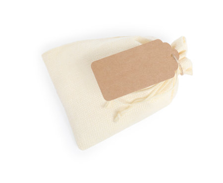 Burlap bag with tag isolated on white, top viewの写真素材