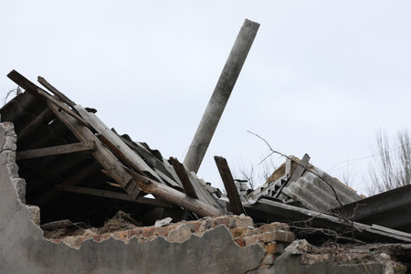 Closeup view of ruined house after strong earthquake