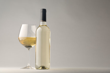 Tasty white wine in glass and bottle on light grey background, space for textの写真素材