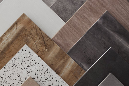 Many different samples of tiles as background, top viewの写真素材