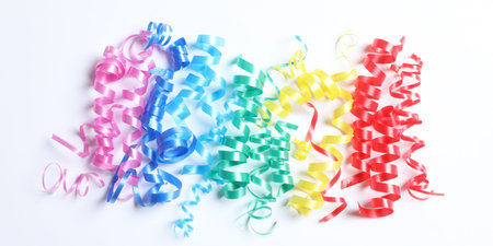 Colorful serpentine streamers on white background, top viewの写真素材