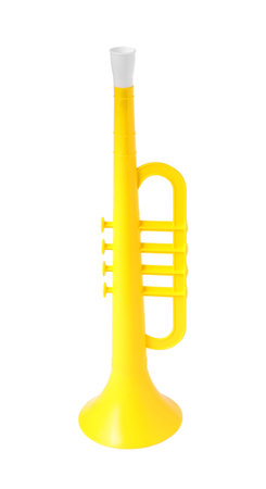 Yellow toy horn isolated on white. Child's musical instrument