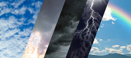 Forecast concept. Collage of photos with different weather conditionsの写真素材