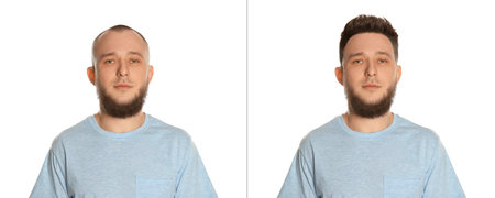 Baldness. Man before and after wearing wig or hair treatment on white backgroundの写真素材