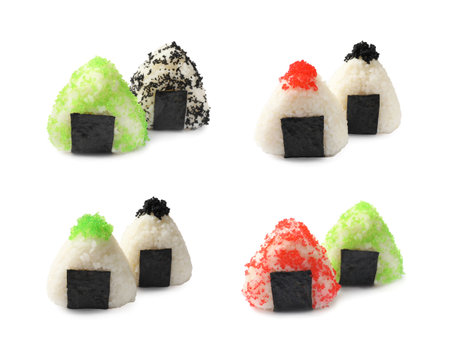 Tasty onigiri with tobiko isolated on white, setの写真素材