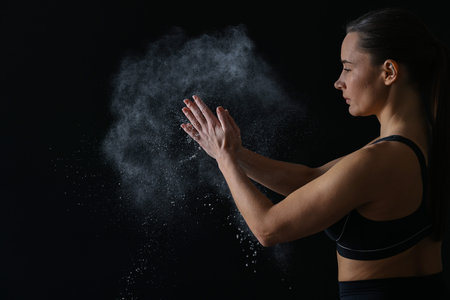 Woman clapping hands with powder before training on black background, space for textの写真素材