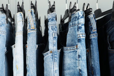 Many stylish jeans hanging from rack on white background, closeupの写真素材