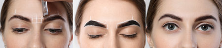 Henna eyebrow tinting, collage. Photos of woman before and after dyeing, closeup