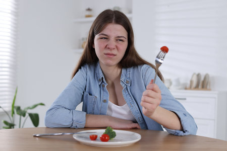 Sad teen girl holding fork with tomato at home. Eating disorderの写真素材