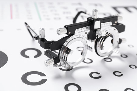 Trial frame on vision test chart, closeup