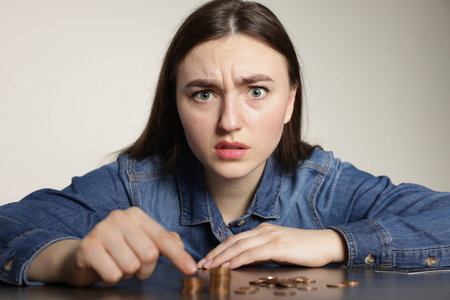Upset woman counting coins at grey table. Financial problems