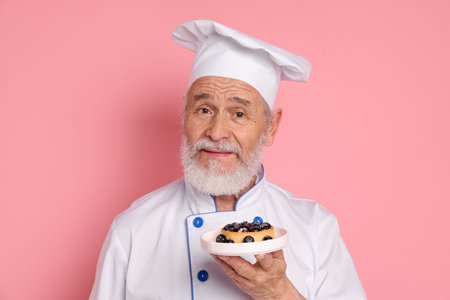 Professional pastry chef with delicious tart on pink backgroundの写真素材