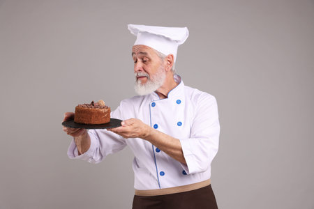 Professional pastry chef with delicious chocolate cake on grey backgroundの写真素材