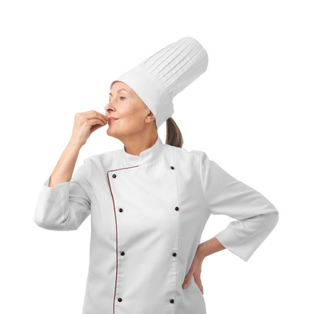 Professional confectioner doing chef's kiss on white backgroundの写真素材