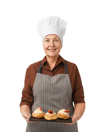 Professional confectioner with choux on white backgroundの写真素材