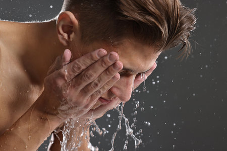 Man washing his face on grey backgroundの写真素材