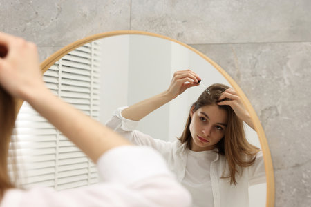 Hair loss problem. Girl applying serum onto hairline near mirror in bathroomの写真素材