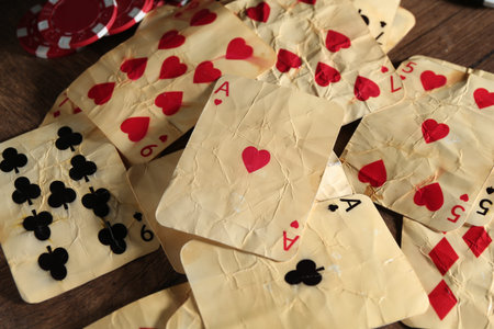 Old vintage playing cards and poker chips on wooden table, closeup