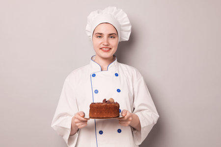 Confectioner in uniform holding delicious chocolate cake on light grey background