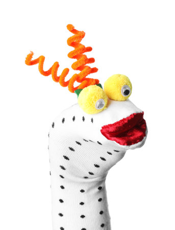 Funny sock puppet with hair isolated on whiteの写真素材