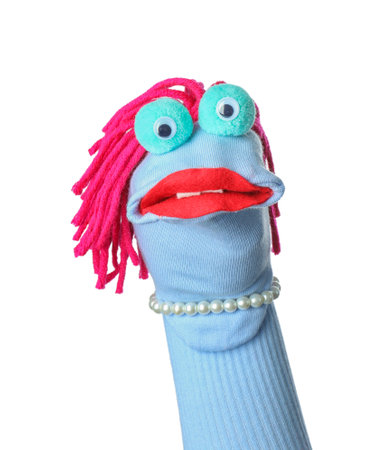 Funny sock puppet with hair isolated on whiteの写真素材