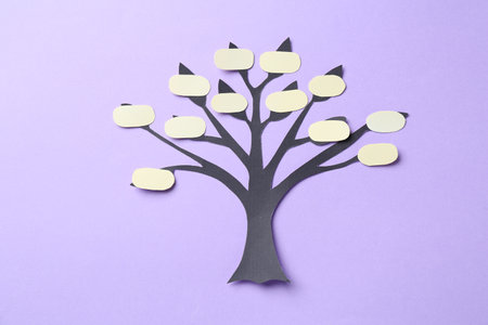 Family tree on lilac background, top viewの写真素材