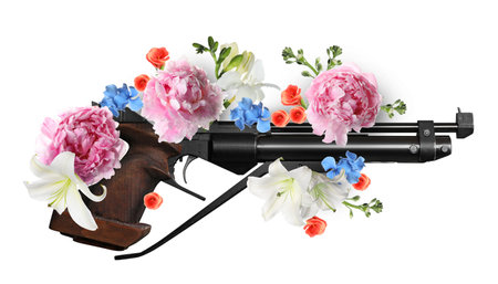 Pistol among beautiful flowers on white background.の写真素材