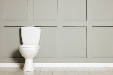 Ceramic toilet bowl near grey wall indoorsの写真素材