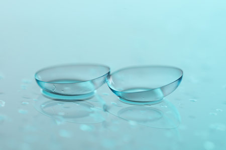 Pair of contact lenses and water drops on color mirror surface, closeupの写真素材