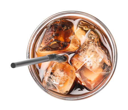 Refreshing cola with ice cubes and straw in glass isolated on white, top viewの写真素材