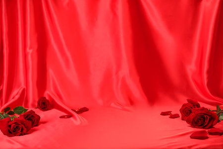 Romantic decor. Beautiful roses and petals on crumpled red silk fabric, space for textの写真素材