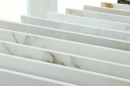 Many different samples of tiles on display in store, closeupの写真素材