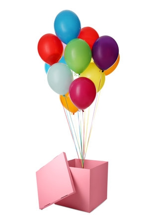Bright balloons flying out of pink box on white backgroundの写真素材