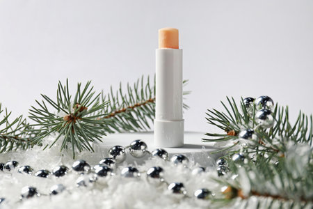 Moisturizing lip balm, Christmas decor and fir tree branches on artificial snow against white background, closeup. Winter careの写真素材