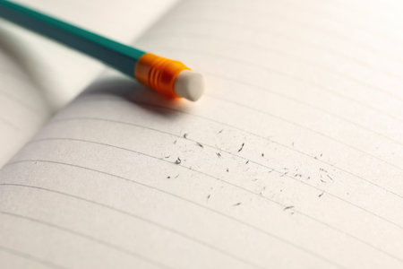 Pencil with eraser and scraps on copybook, selective focus