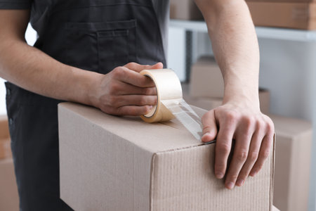 Man sealing cardboard box with adhesive tape indoors, closeup