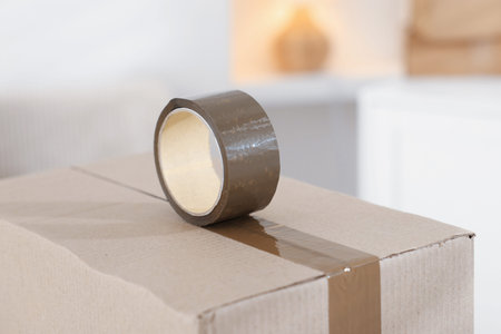 Sealing cardboard box with adhesive tape indoors, closeup