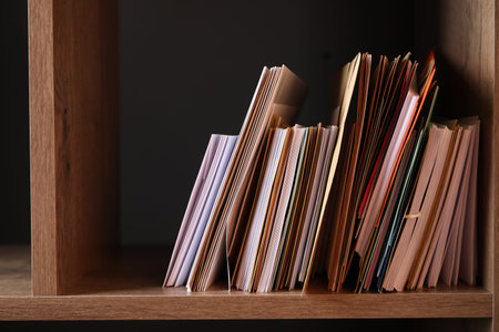 Different paper envelopes on wooden shelf in post office