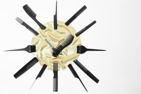Clock made with hairdresser's tools on white background, flat layの写真素材