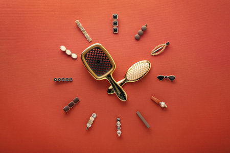 Clock shape made of brushes and hair clips on terracotta background, flat lay