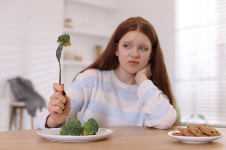 Sad teenage girl with broccoli and cookies at wooden table, selective focus. Eating disorderの写真素材