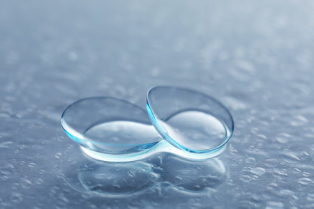 Pair of contact lenses and water drops on color mirror surface, closeupの写真素材