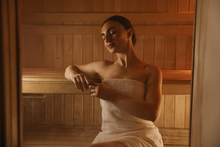 Beautiful woman wrapped in towel on bench at saunaの写真素材