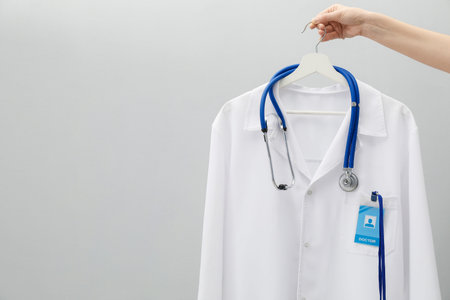 Woman holding hanger with doctor's coat, stethoscope and badge against light gray background,...