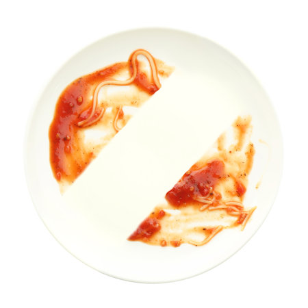 Dirty plate isolated on white, top view. Washing dish processの写真素材