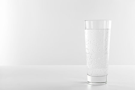 Refreshing soda water in glass on white table against light background. Space for textの写真素材