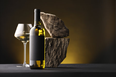 Bottle of wine, wineglass and rocks on black table against dark yellow background, space for textの写真素材