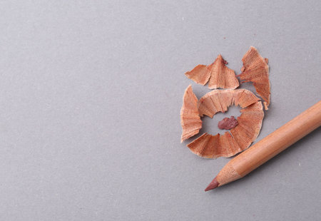 One lip pencil and shavings on light gray background, top view. Space for textの写真素材