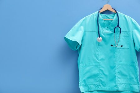 Medical worker uniform with stethoscope on hanger against blue background. Space for textの写真素材